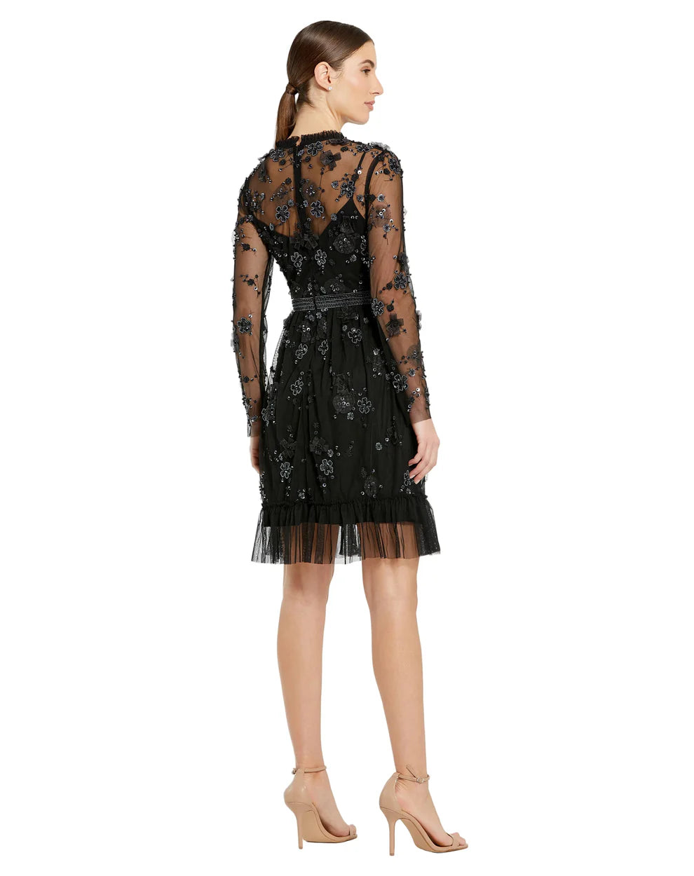 Mac Duggal 9140 Sheer Long Sleeve Embellished Mini Dress