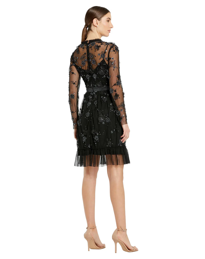 Mac Duggal 9140 Sheer Long Sleeve Embellished Mini Dress