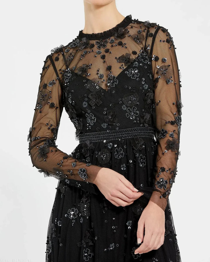 Mac Duggal 9140 Sheer Long Sleeve Embellished Mini Dress