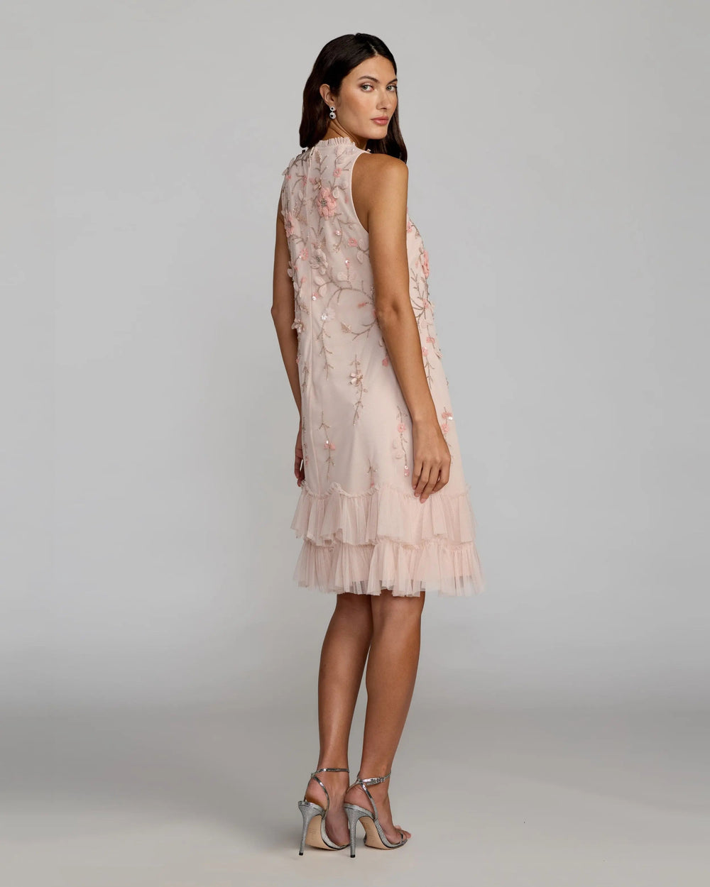 Pink Embellished Ruffle Tiered High Neck Floral Dress - FOSTANI.com