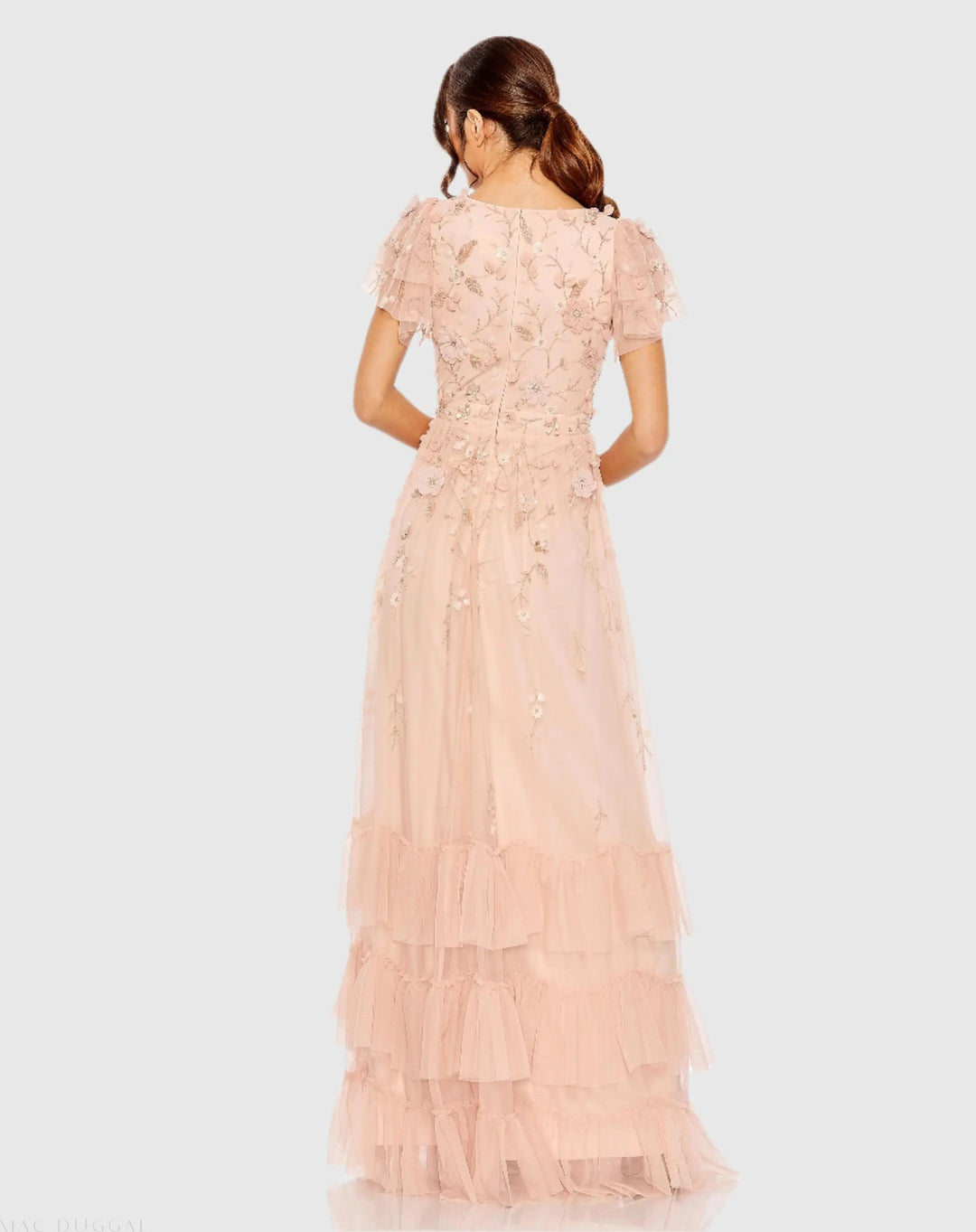 Mac Duggal 9189 Green Ruffle Tiered Embellished Faux Wrap Flutter Sleeve Gown