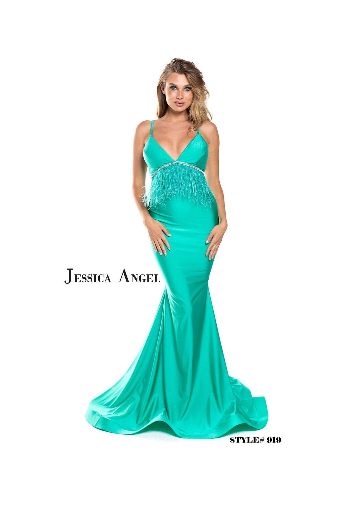 Jessica Angel 919 feather fringe mermaid gown front view