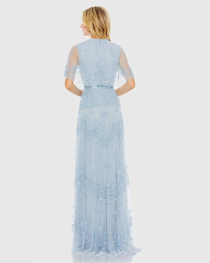 Mac Duggal 9192 Sequined High Neck Flutter Sleeve A Line Gown