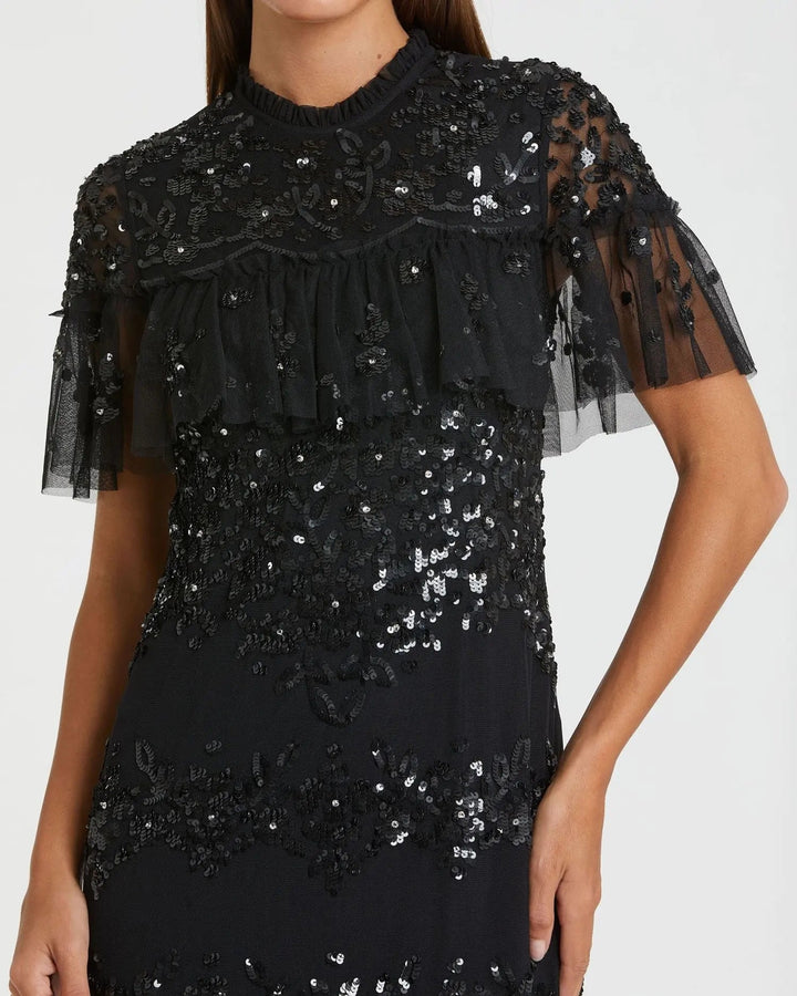 Mac Duggal 9193 Black Sequined High Neck Ruffled Midi Dress