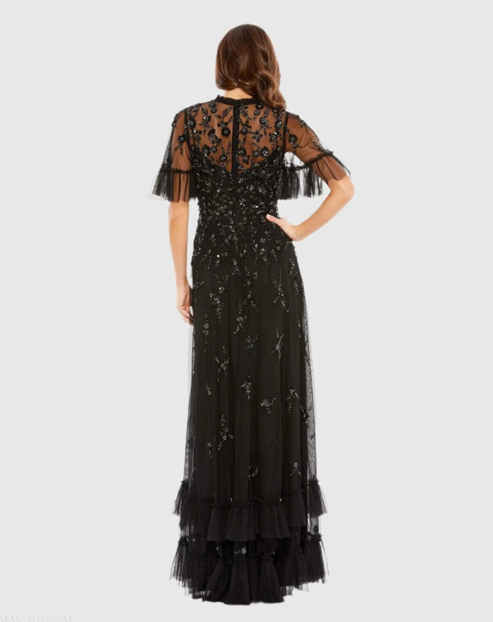 Mac Duggal 9199 Floral Embellished Flutter Sleeve A-Line Gown