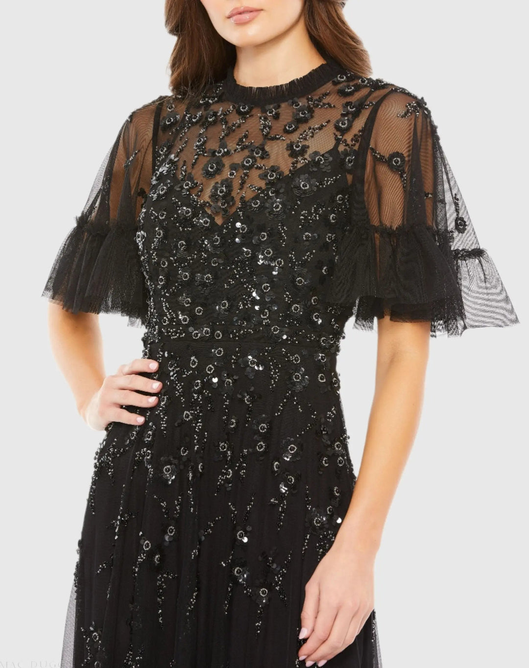 Mac Duggal 9199 Floral Embellished Flutter Sleeve A-Line Gown