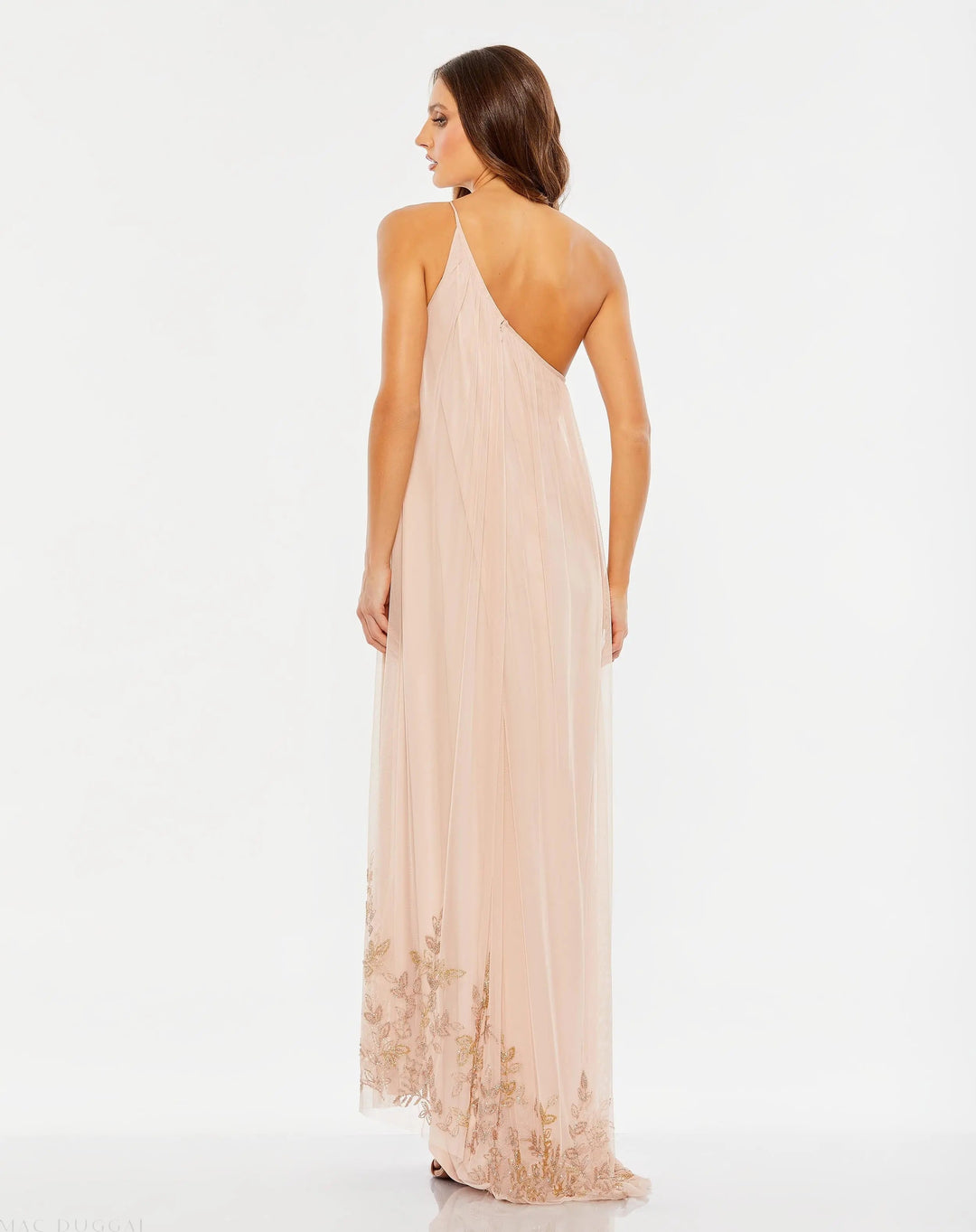 Mac Duggal 9218 Pink Flowy One Shoulder Beaded Trapeze Gown