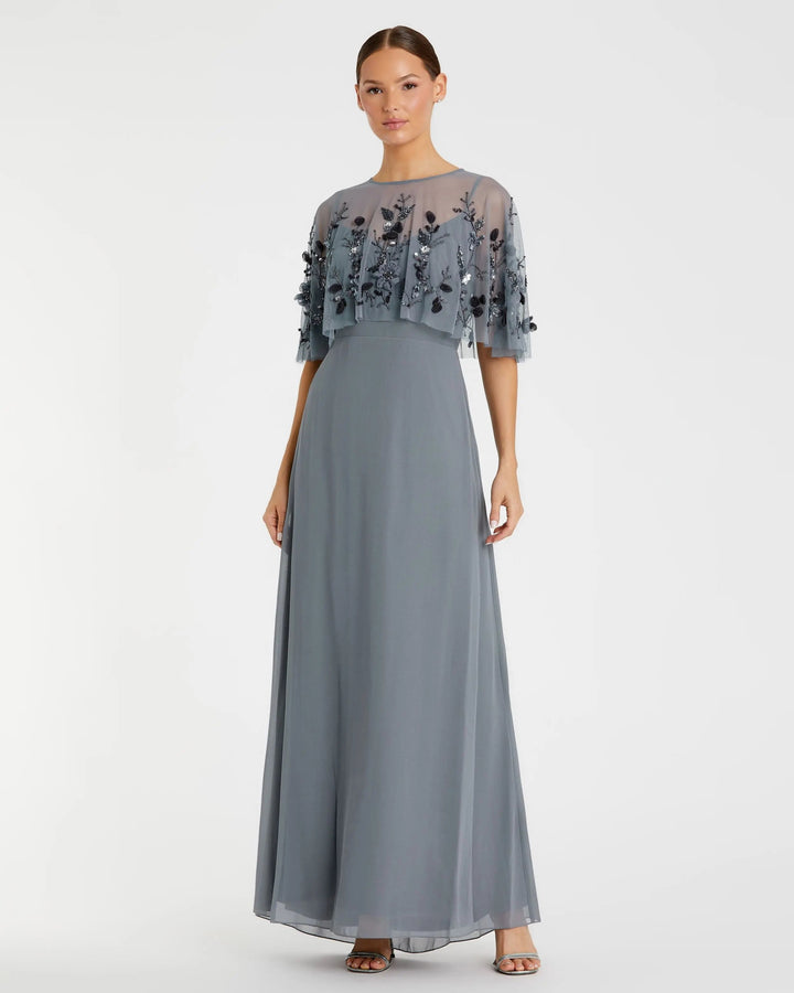 Mac Duggal 9229 Gray Sleeveless Gown With Embellished Cape