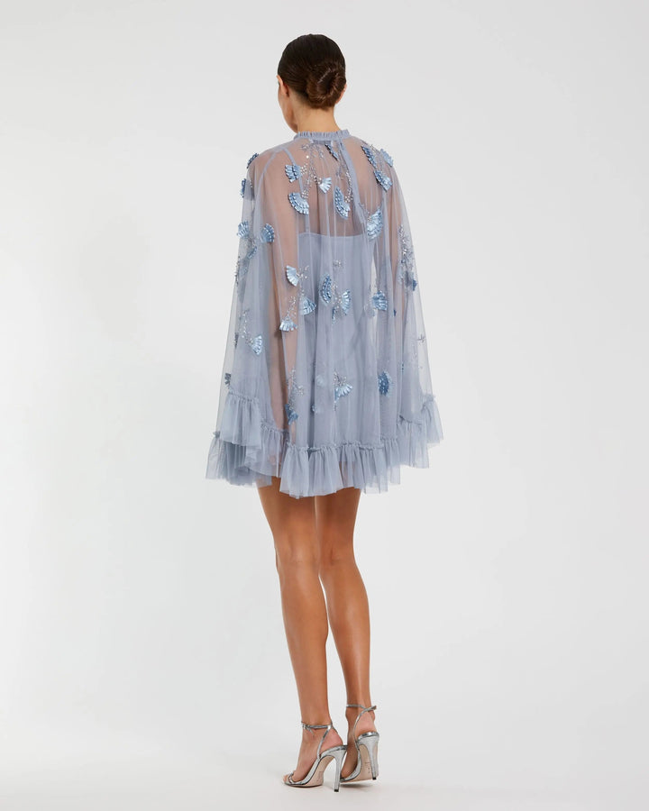 Blue Embellished Long Sleeve Trapeze Dress with Ruffle Hem - FOSTANI.com