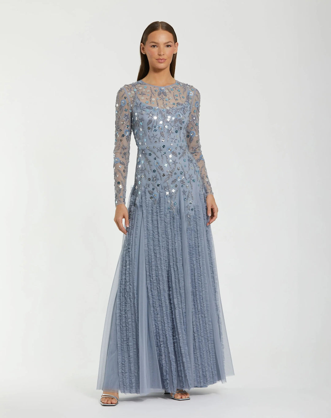 Mac Duggal 9357 Embellished Long Sleeve Drop Waist Gown