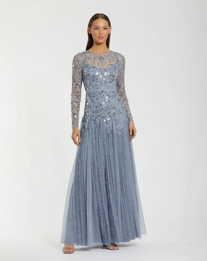 Mac Duggal 9357 Embellished Long Sleeve Drop Waist Gown