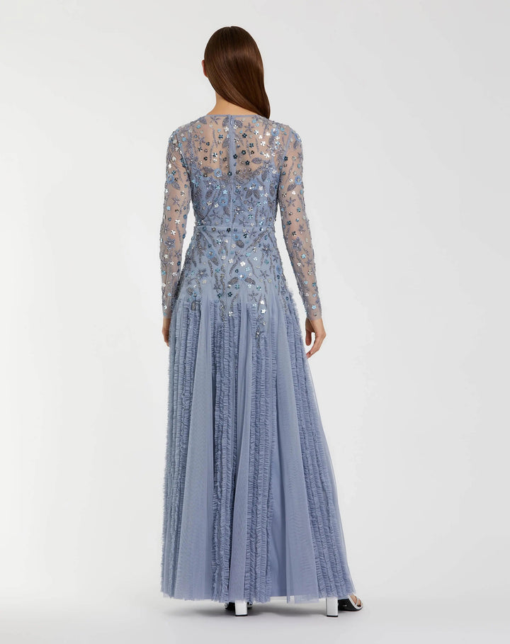 Mac Duggal 9357 Embellished Long Sleeve Drop Waist Gown