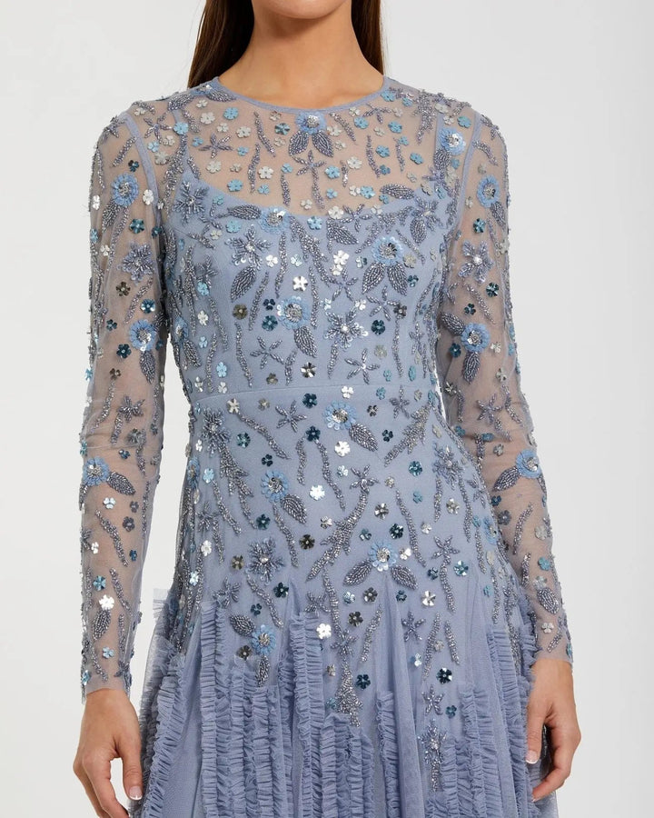 Mac Duggal 9357 Embellished Long Sleeve Drop Waist Gown