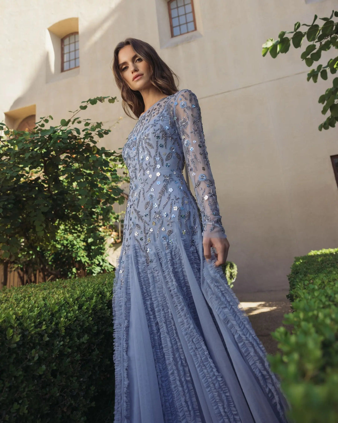 Mac Duggal 9357 Embellished Long Sleeve Drop Waist Gown