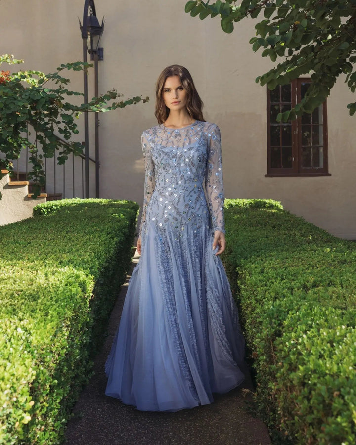 Mac Duggal 9357 Embellished Long Sleeve Drop Waist Gown