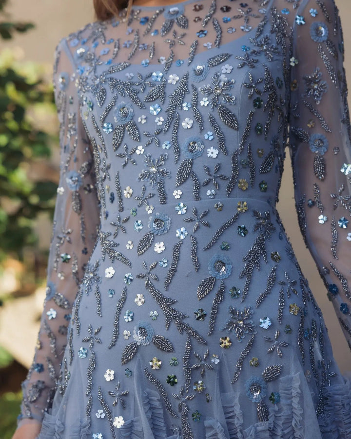 Mac Duggal 9357 Embellished Long Sleeve Drop Waist Gown