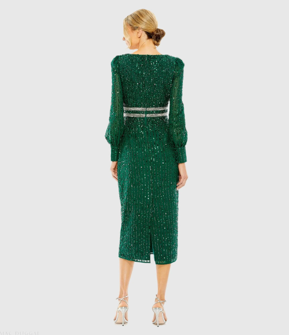 Mac Duggal 93593 Sequined V Neck Bishop Sleeve Dress