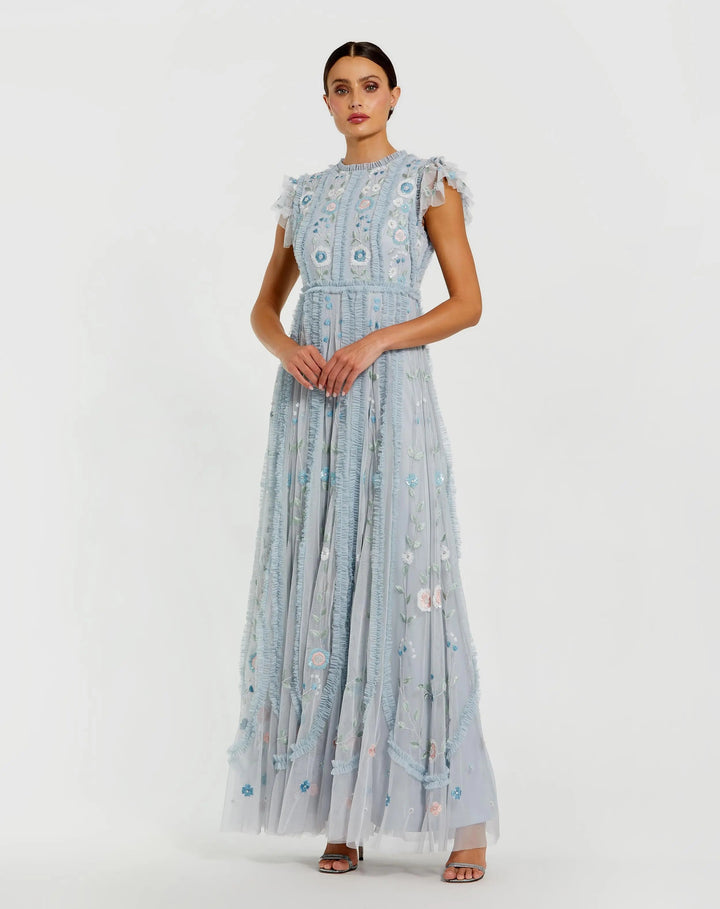 Blue Floral Embroidered Ruffle A Line Gown - FOSTANI.com