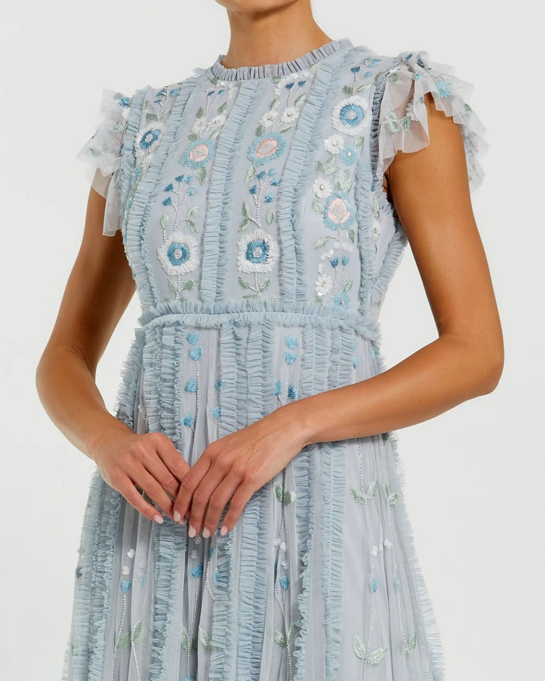 Blue Floral Embroidered Ruffle A Line Gown - FOSTANI.com
