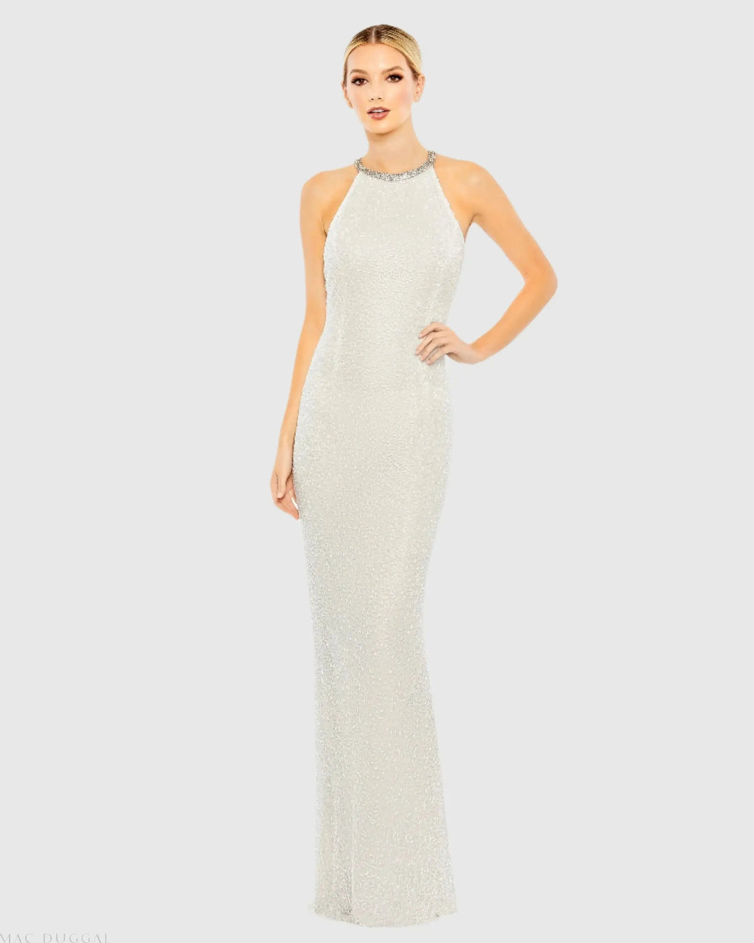 Mac Duggal 93742 Beaded Sleeveless High Neck Column Gown