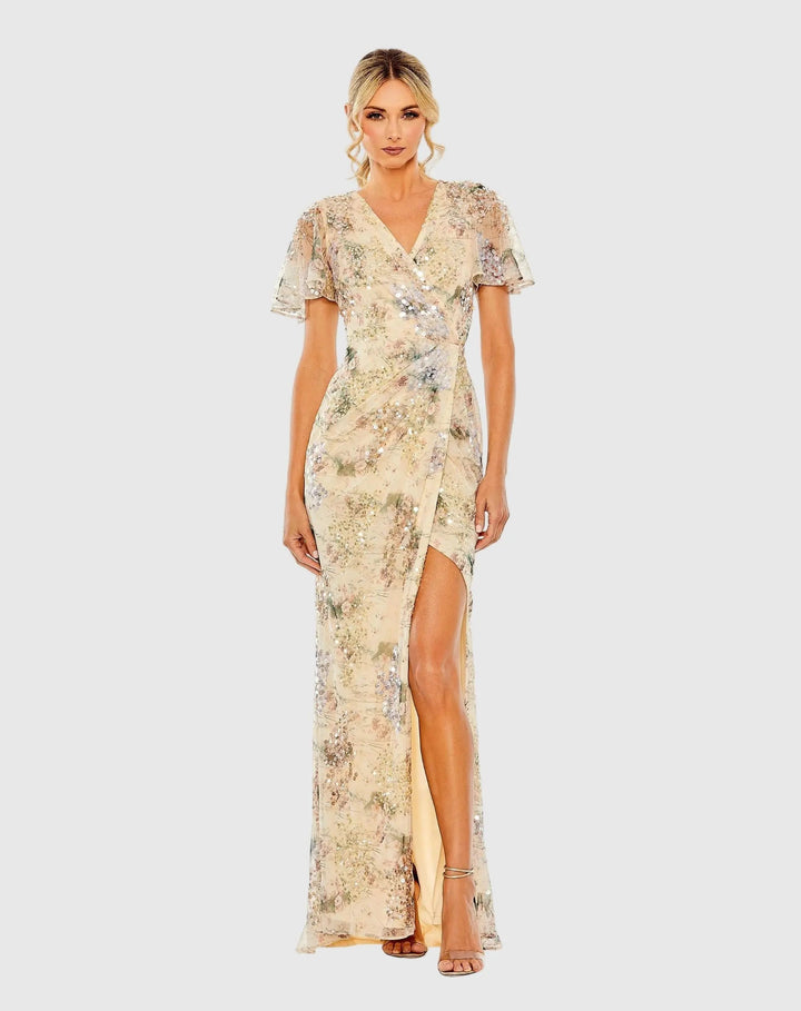 Mac Duggal 93749 Flutter Sleeve Embellished Evening Gown