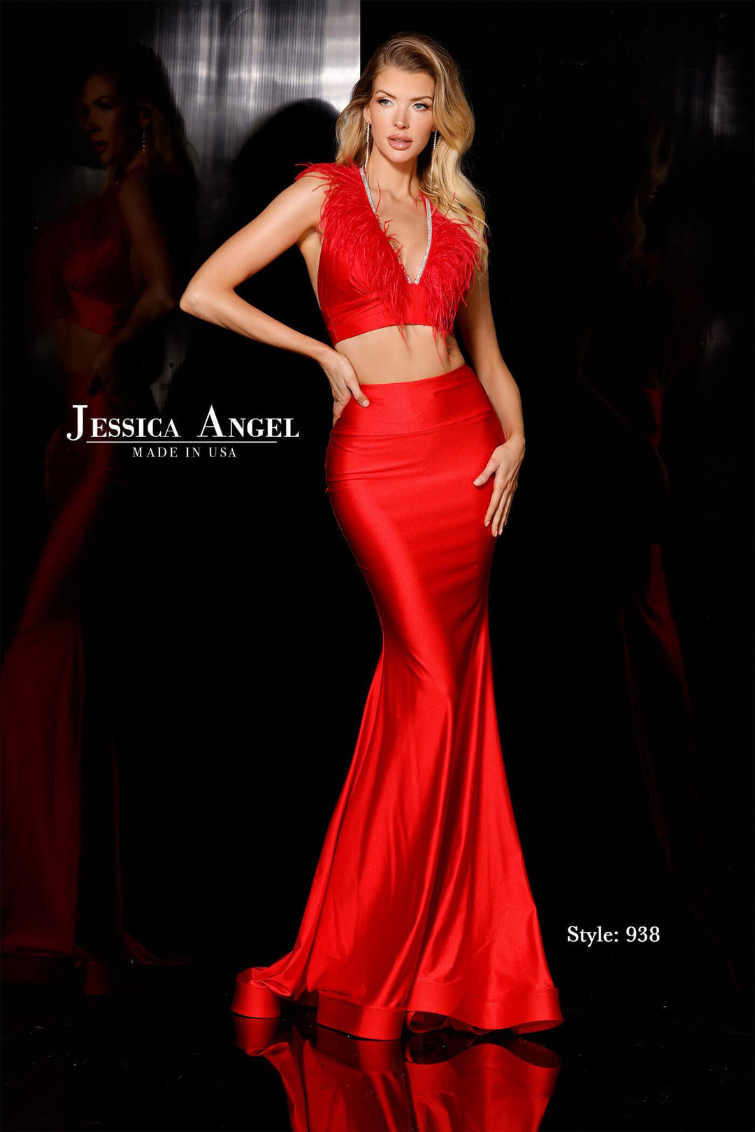 Jessica Angel 938 two-piece feather trim mermaid gown front view