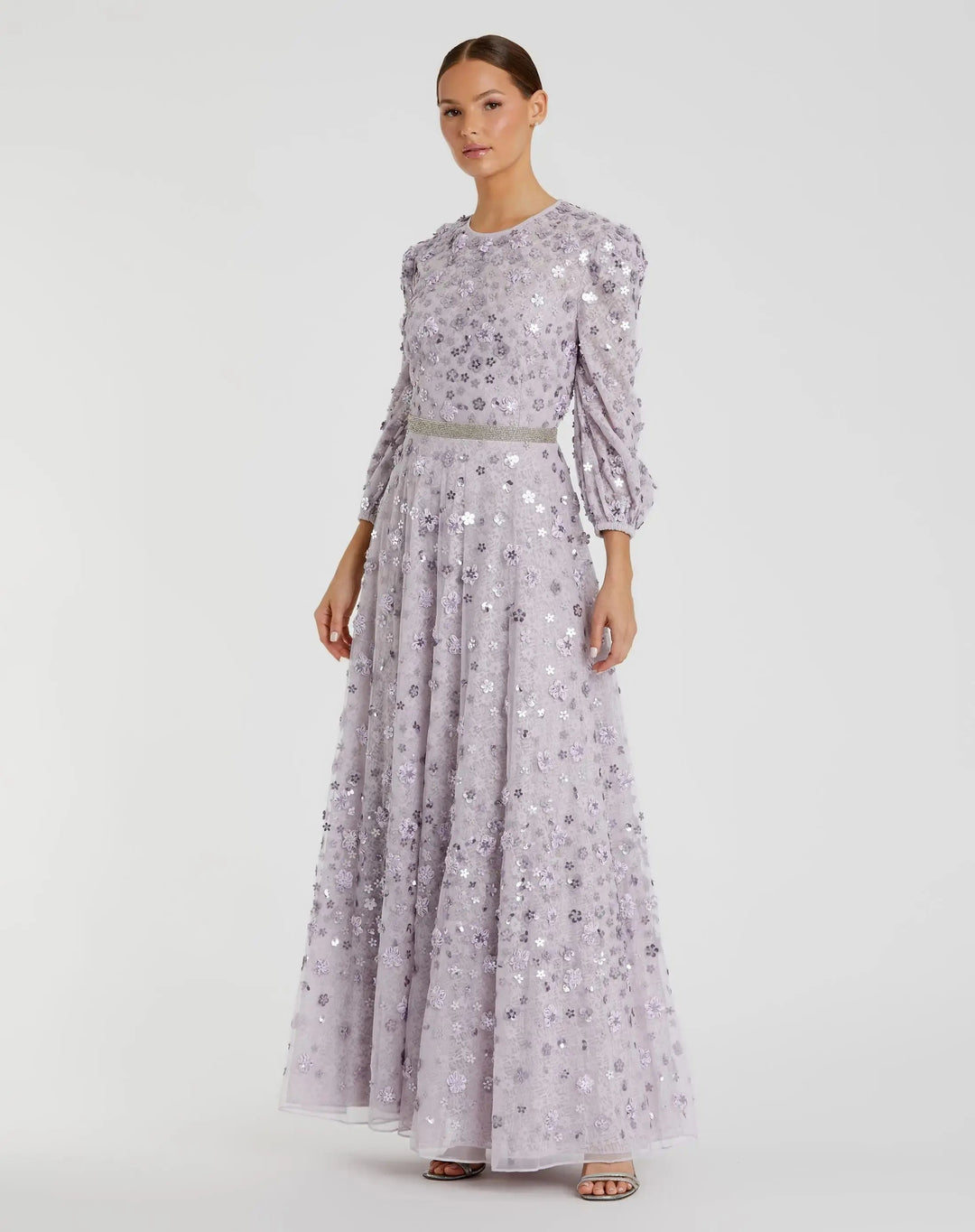Mac Duggal 93805 Floral Applique Puff Sleeve High Neck A-Line Gown