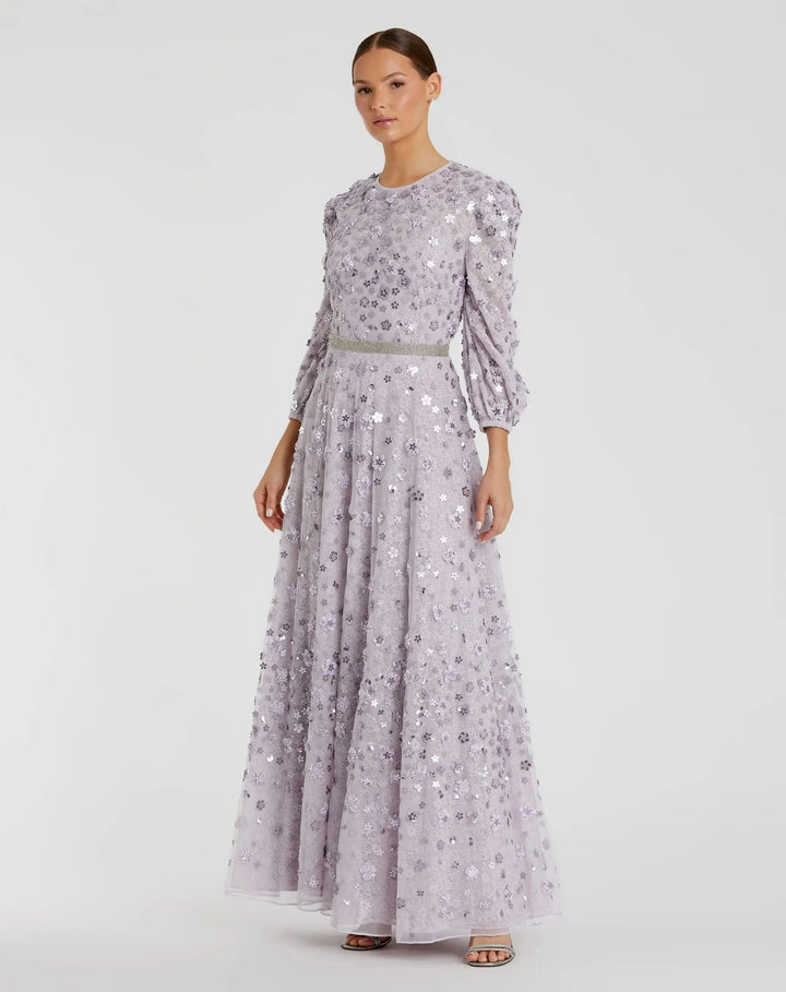 Mac Duggal 93805 Floral Applique Puff Sleeve High Neck A-Line Gown