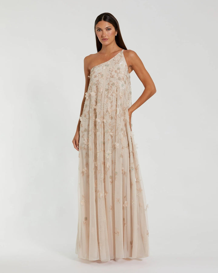 Beige One Shoulder Floral Embellished Trapeze Gown - FOSTANI.com