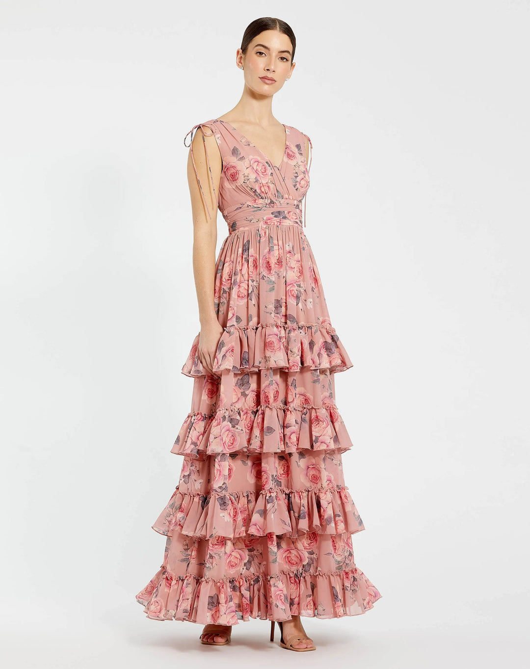 Mac Duggal 9386 Drawstring Shoulder Chiffon Tiered Floral Dress