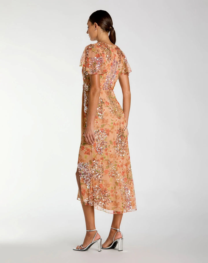Orange Embellished Floral Flutter Sleeve Midi Dress - FOSTANI.com