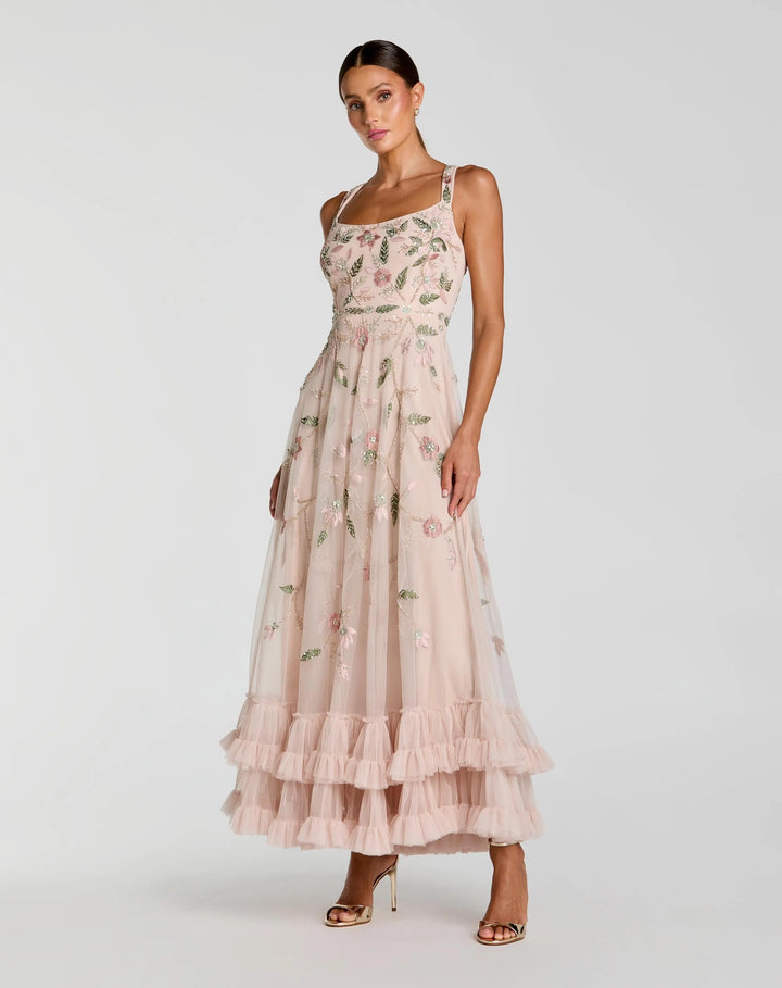Pink Ruffle Midi Dress with Floral Embroidery - FOSTANI.com