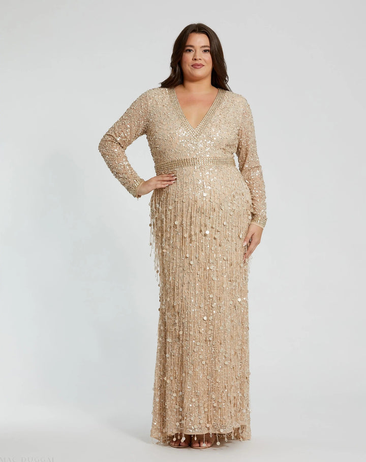 Mac Duggal 94074 Embellished Fringe Long Sleeve Gown (Plus)