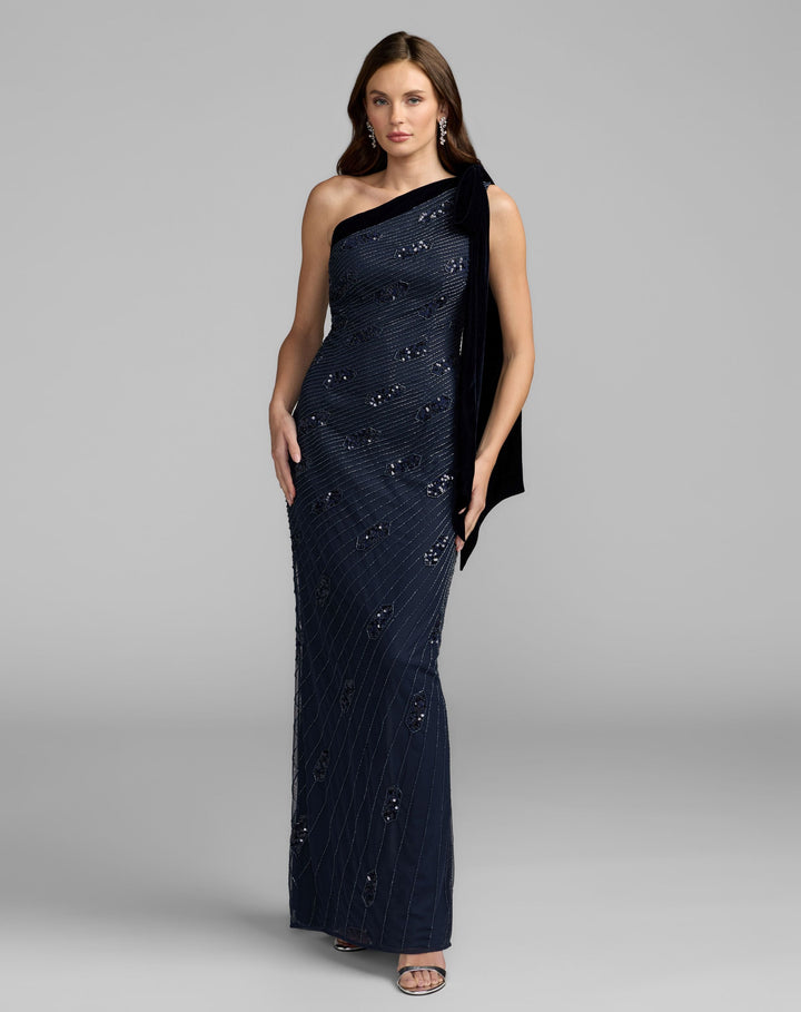Mac Duggal 94144 Beaded One Shoulder Gown With Velvet Bow
