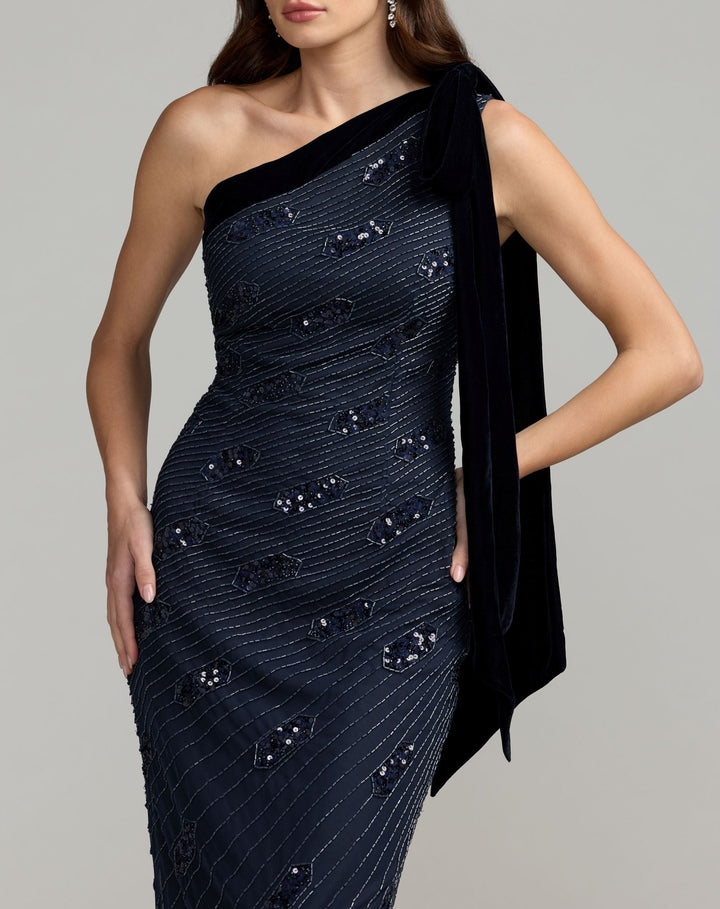 Mac Duggal 94144 Beaded One Shoulder Gown With Velvet Bow