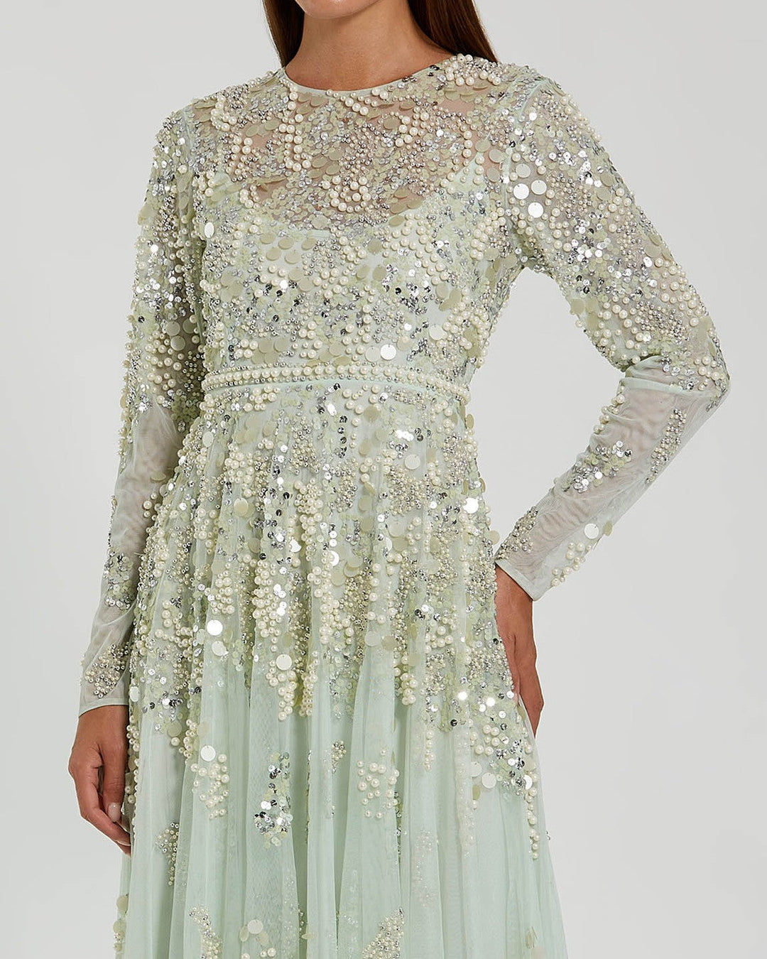 Green Long Sleeve Sequin Pearl Embellished Gown - FOSTANI.com