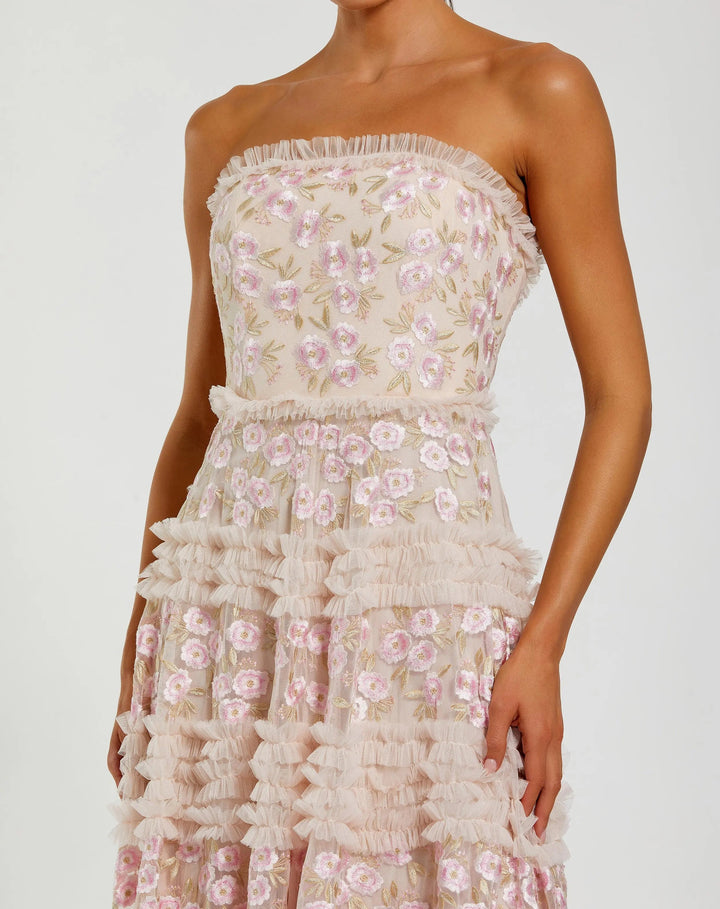 Pink Floral Embroidered Strapless Ruffle Maxi Dress - FOSTANI.com