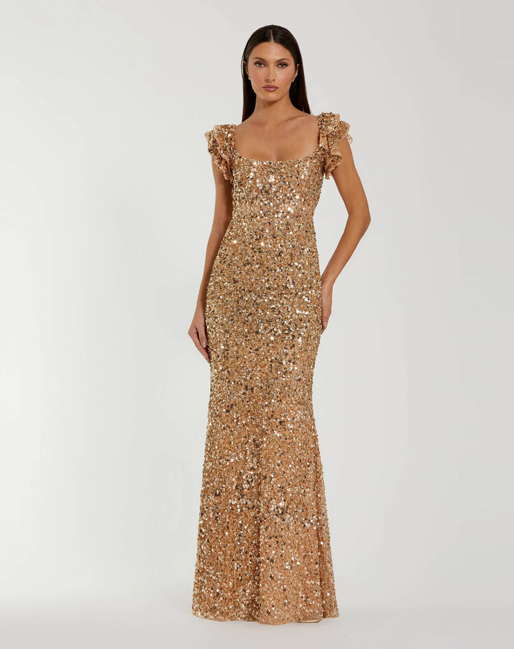 Mac Duggal 94279	Gold Sequin Flutter Sleeve Trumpet Gown
