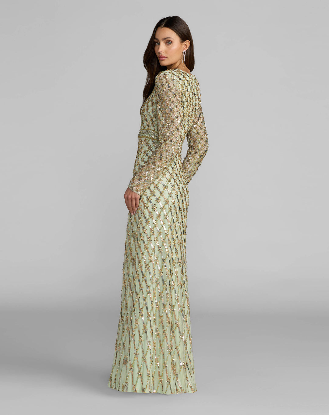 Mac Duggal 94318	Sage Green Long Sleeve High Neck Embellished Gown