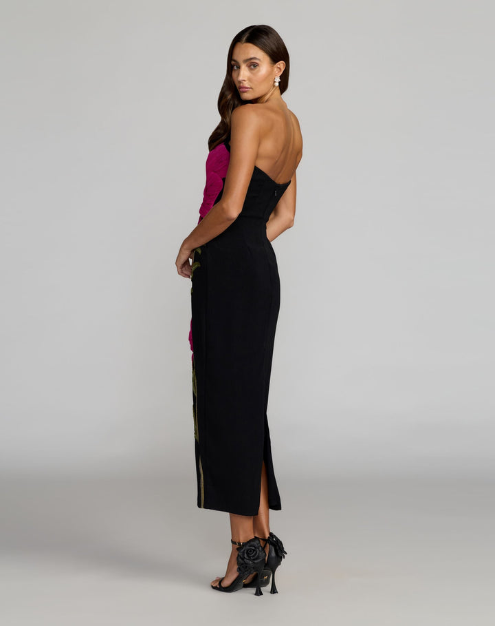 Mac Duggal 94359 Black Strapless Floral Embroidered Midi Dress - FOSTANI.com