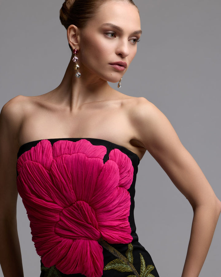 Mac Duggal 94359 Black Strapless Floral Embroidered Midi Dress - FOSTANI.com