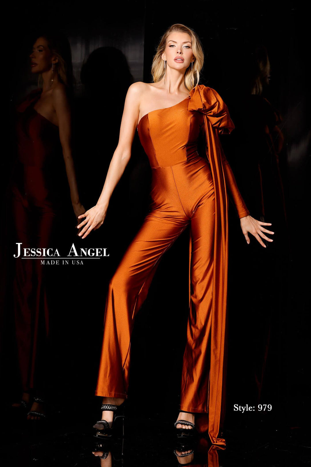 Jessica Angel 979 one shoulder cape jumpsuit front view