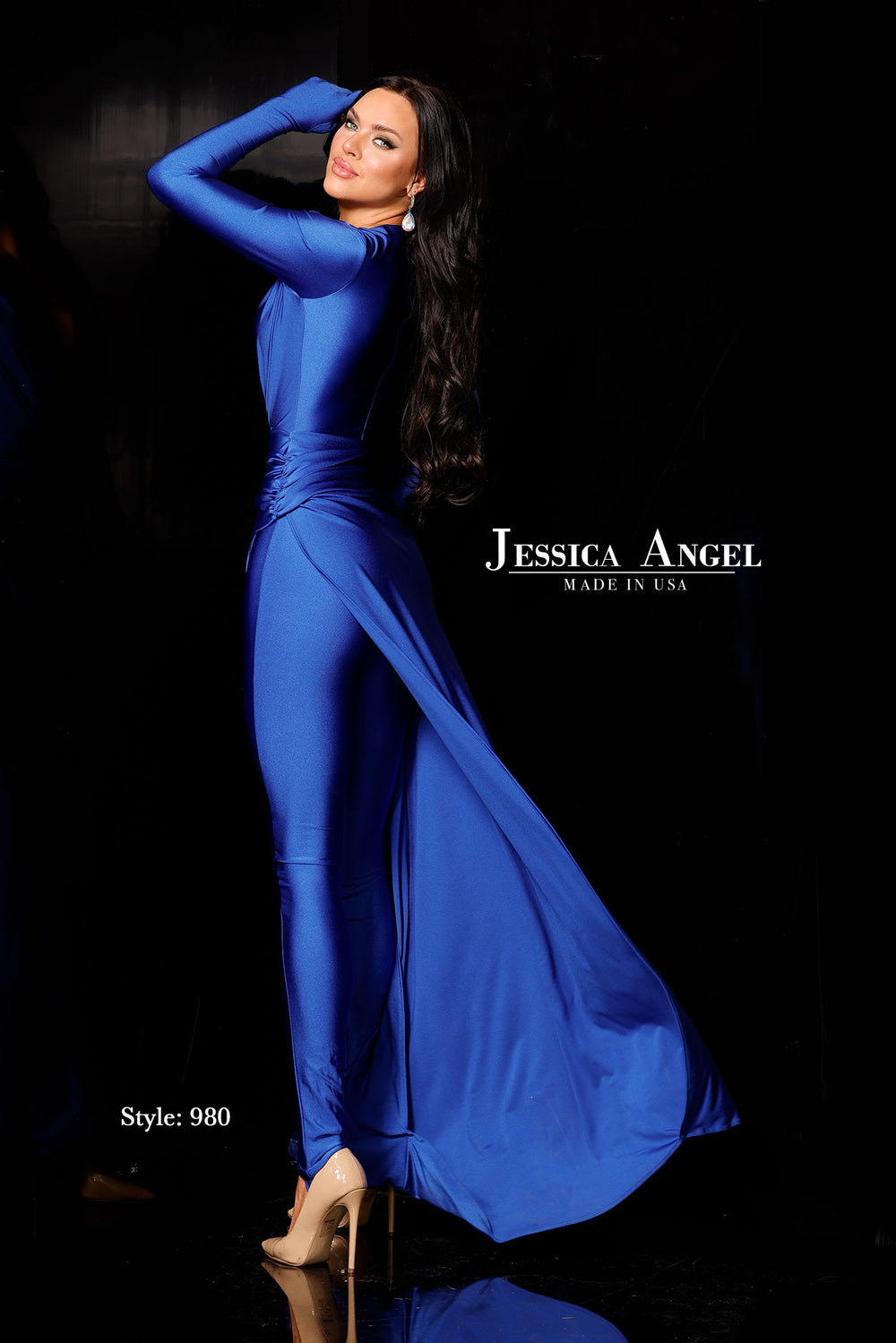 Jessica Angel 980 long sleeve jumpsuit overskirt train back view