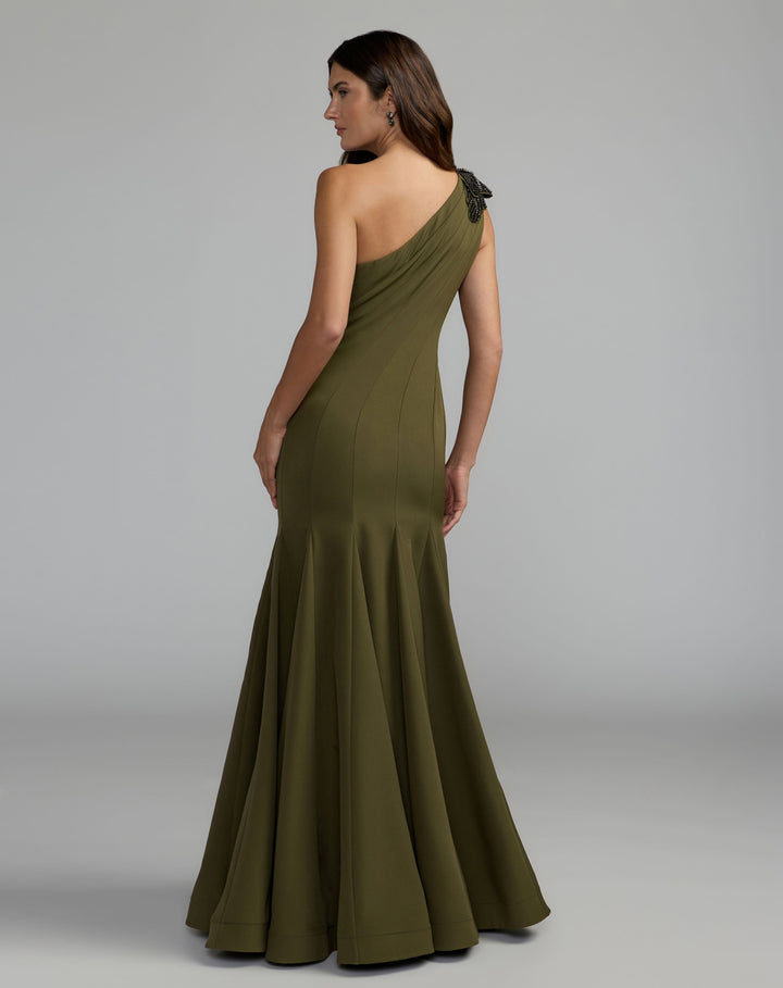 Mac Duggal 11810 Crepe One Shoulder Gown With Crystal Flower