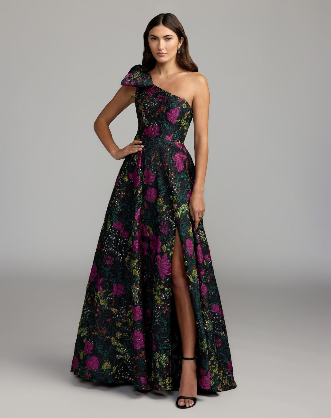 Mac Duggal 11919 One Shoulder Brocade Floral Gown With Bow