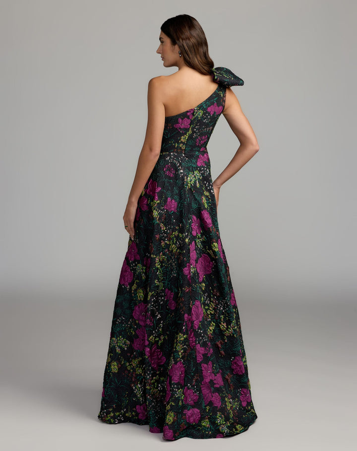 Mac Duggal 11919 One Shoulder Brocade Floral Gown With Bow