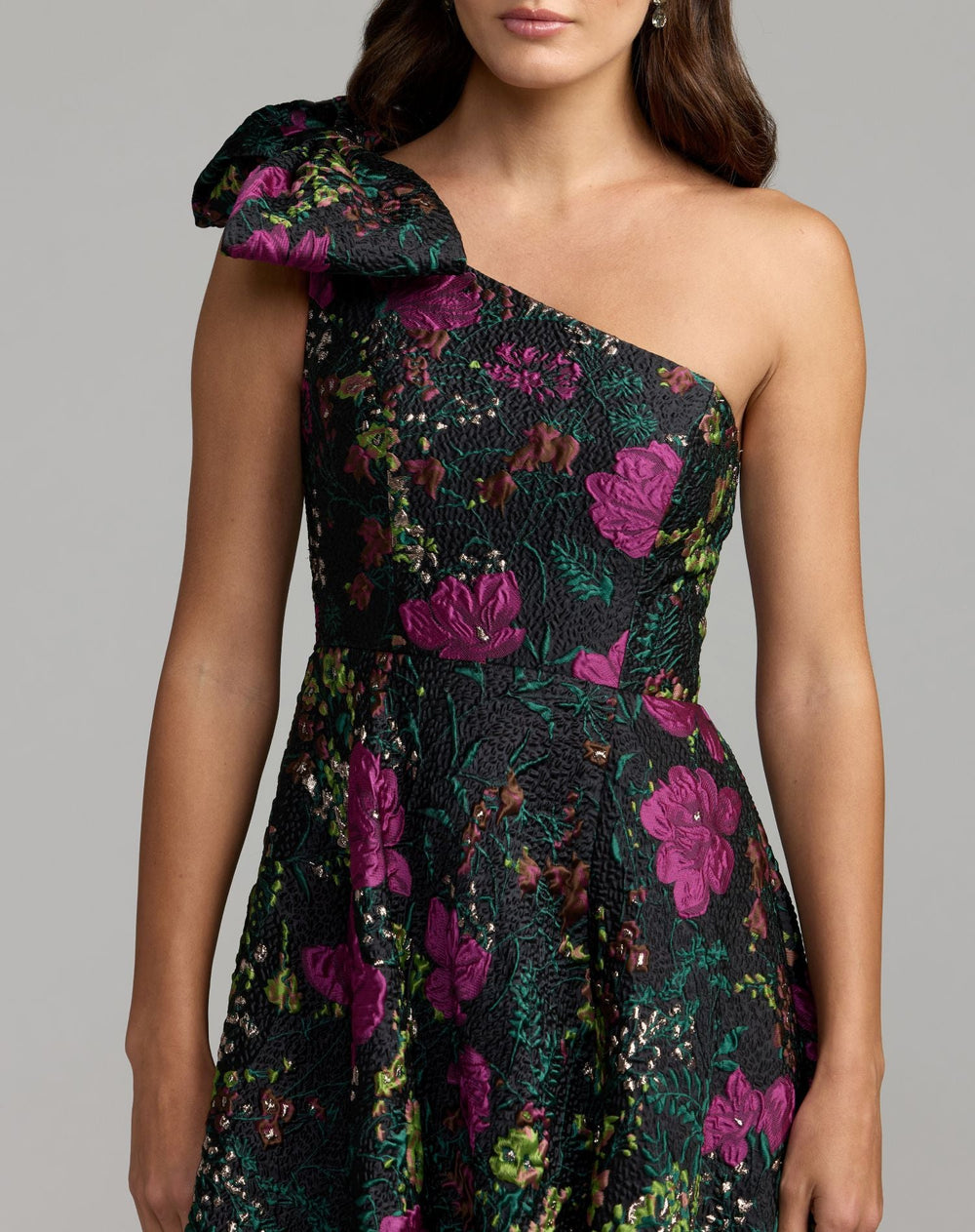 Mac Duggal 11919 One Shoulder Brocade Floral Gown With Bow