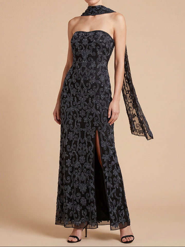 Lara 9916 Strapless Beaded Gown with Scarf