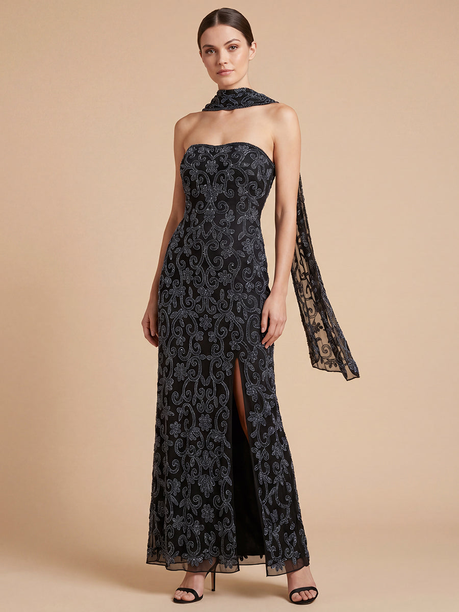 Lara 9916 Strapless Beaded Gown with Scarf