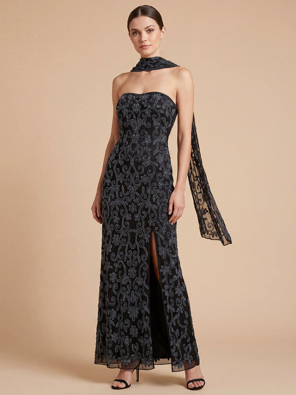 Lara 9916 Strapless Beaded Gown with Scarf